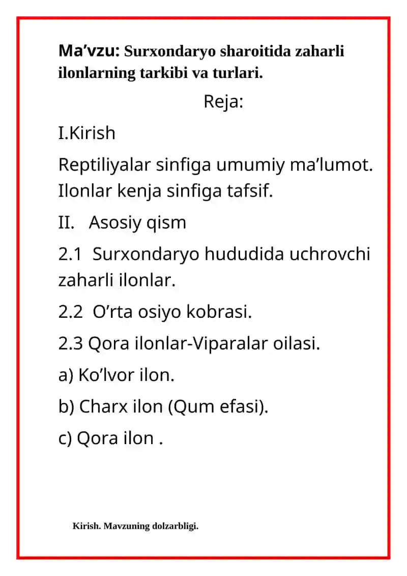 Sudralib yuruvchilar (Reptilia) sinfi kurs ishi