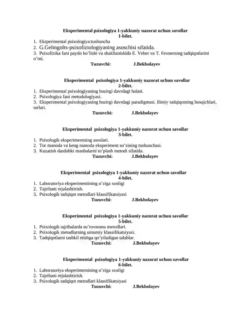 Eksperimental psixologiya 1-yakkuniy nazorat uchun savollar