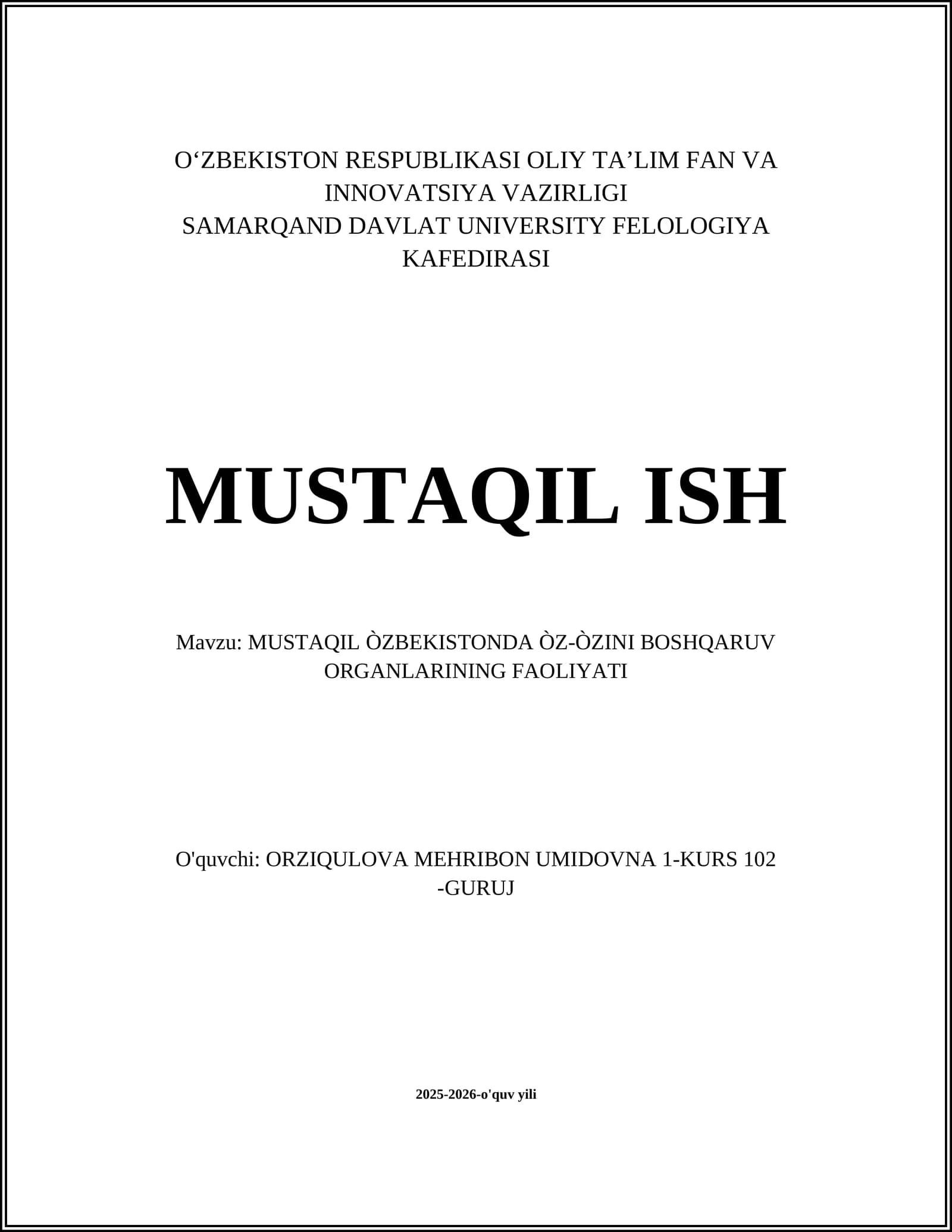 MUSTAQIL O'ZBEKISTONDA O'Z-O'ZINI BOSHQARUV ORGANLARINING FAOLIYATI