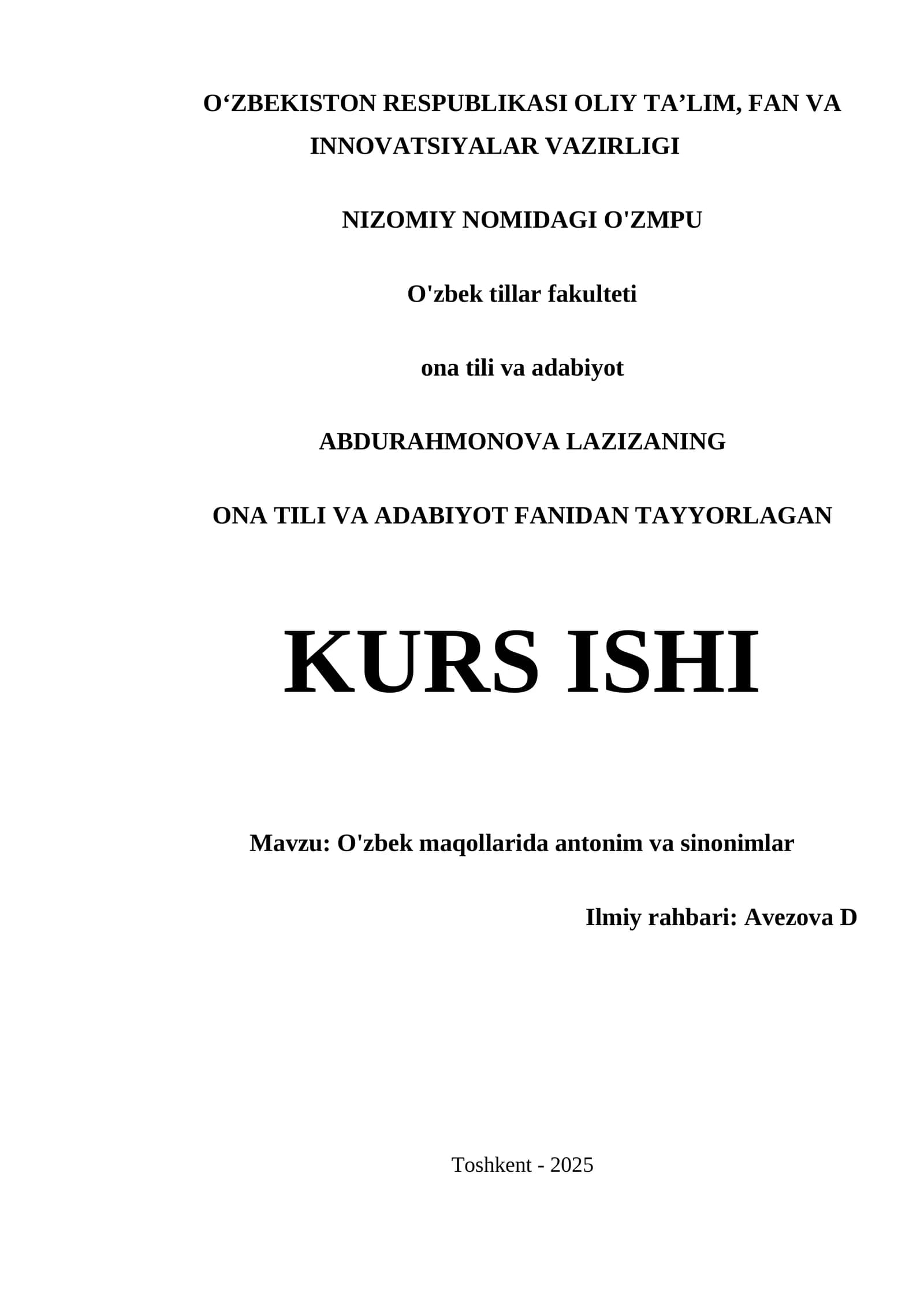O'zbek maqollarida antonim va sinonimlar kurs ishi