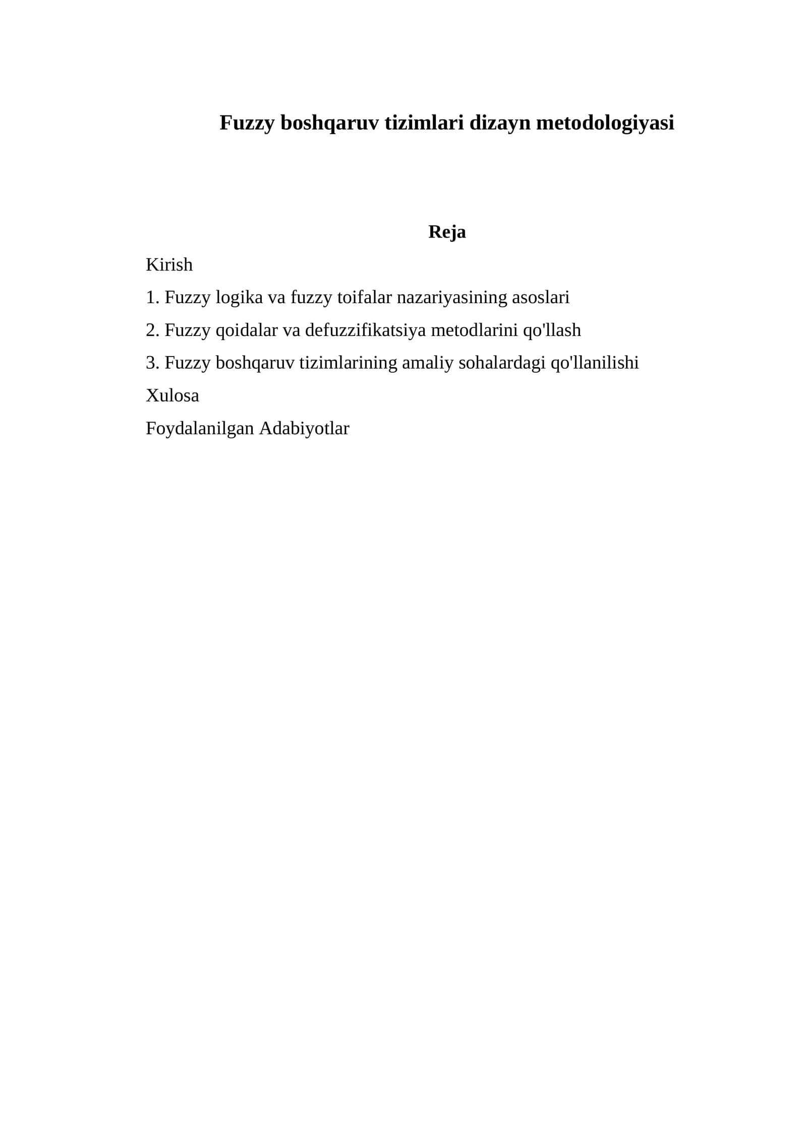 Fuzzy boshqaruv tizimlari dizayn metodologiyasi