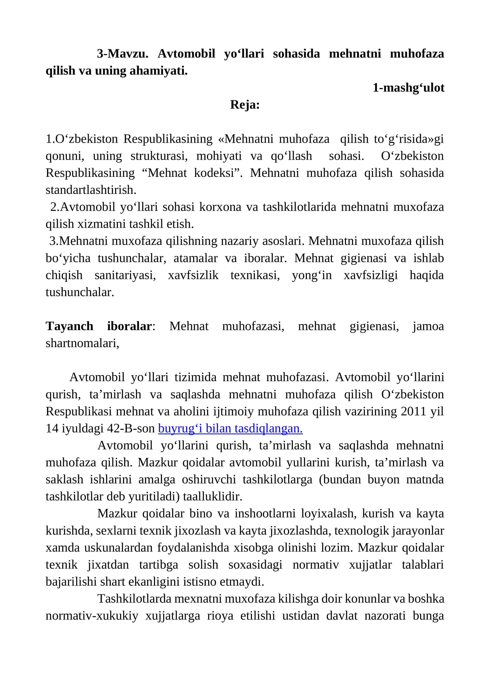 Mavzu 3. Avtomobil yo‘llari sohasida mehnatni muhofaza qilish va uning ahamiyati