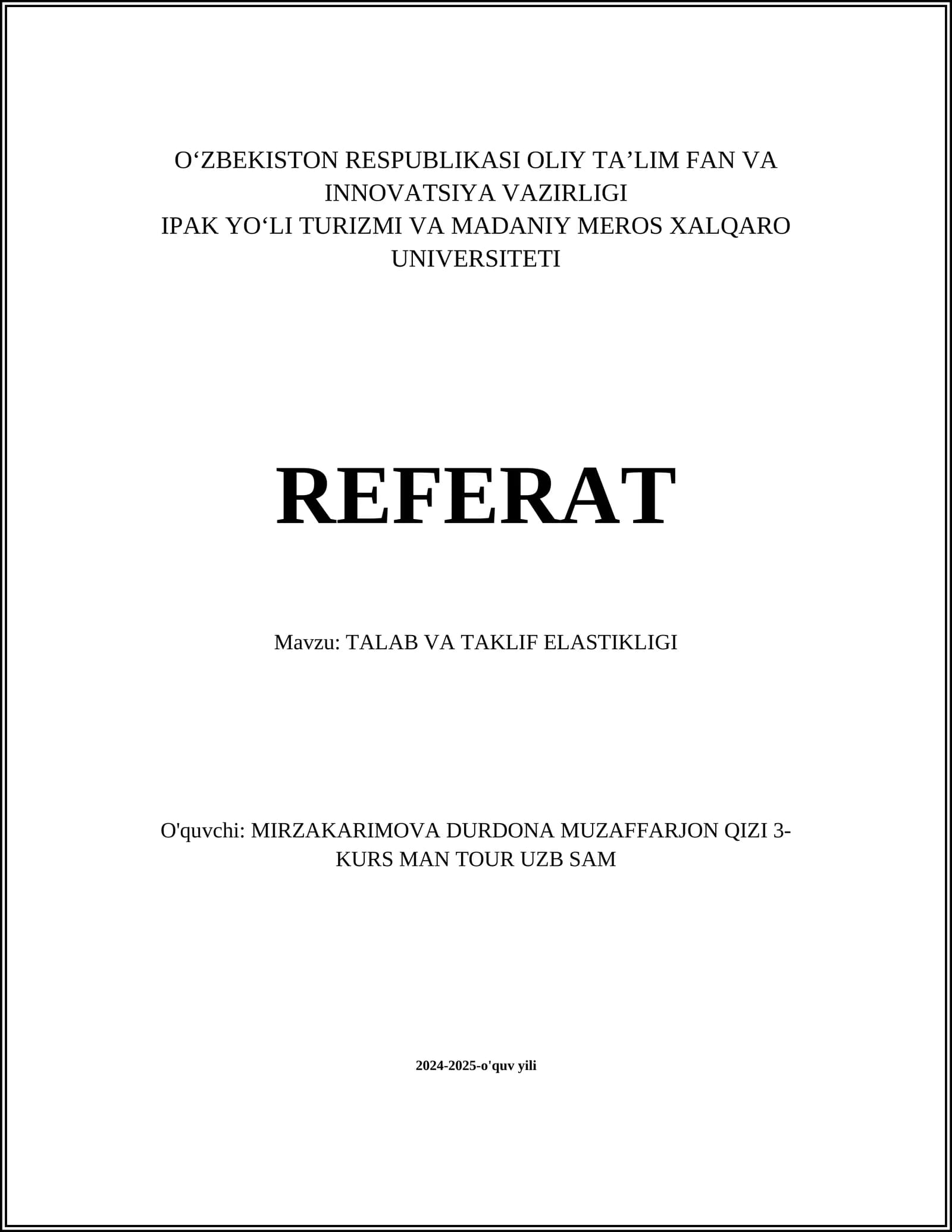 TALAB VA TAKLIF ELASTIKLIGI