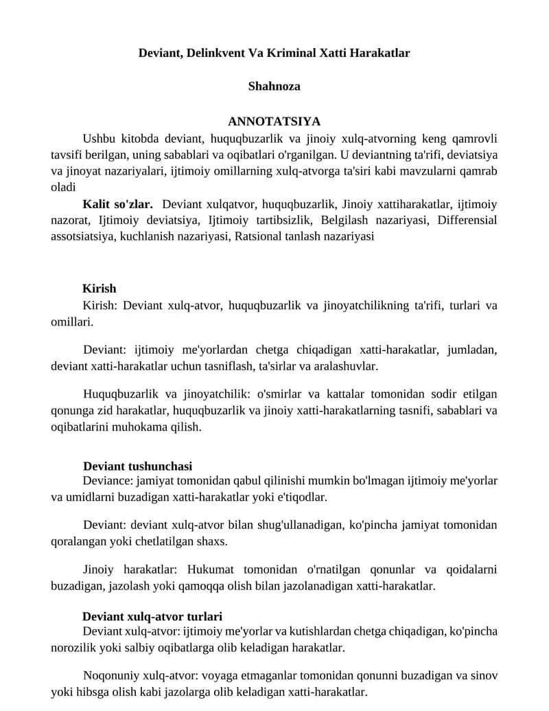 Deviant, Delinkvent Va Kriminal Xatti Harakatlar