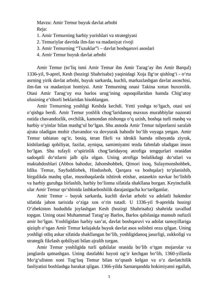 Amir Temur buyuk davlat arbobi Referat