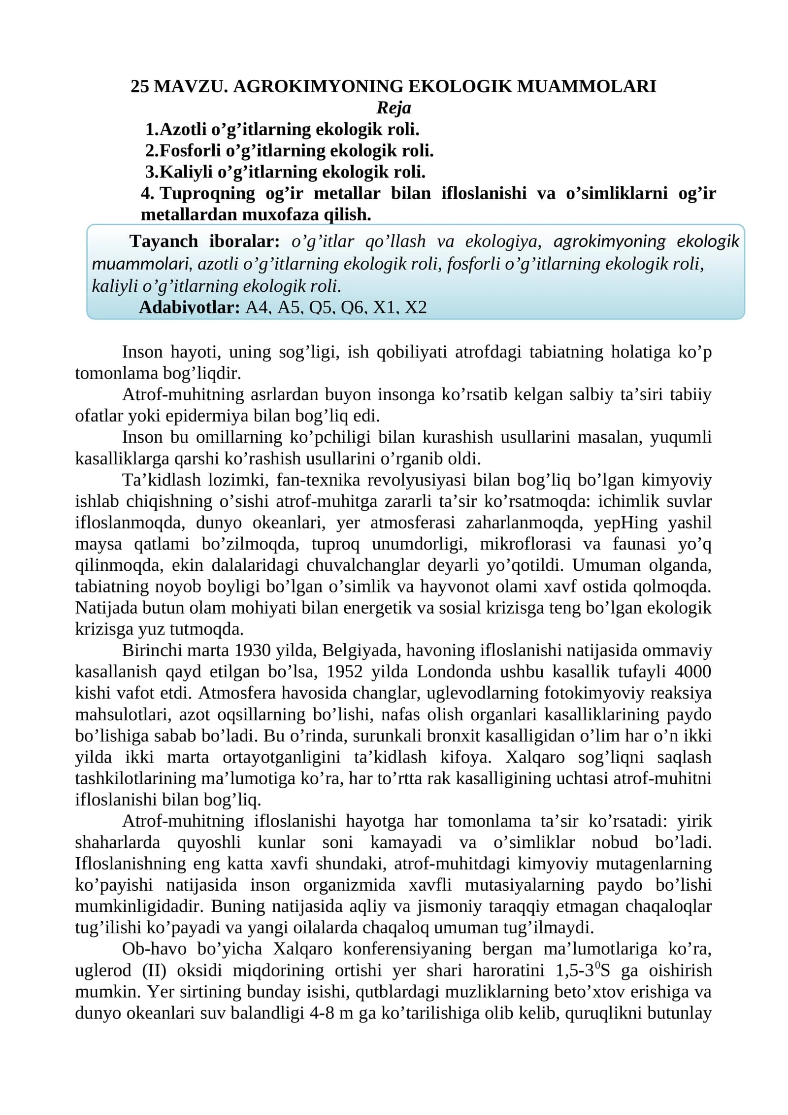 AGROKIMYONING EKOLOGIK MUAMMOLARI