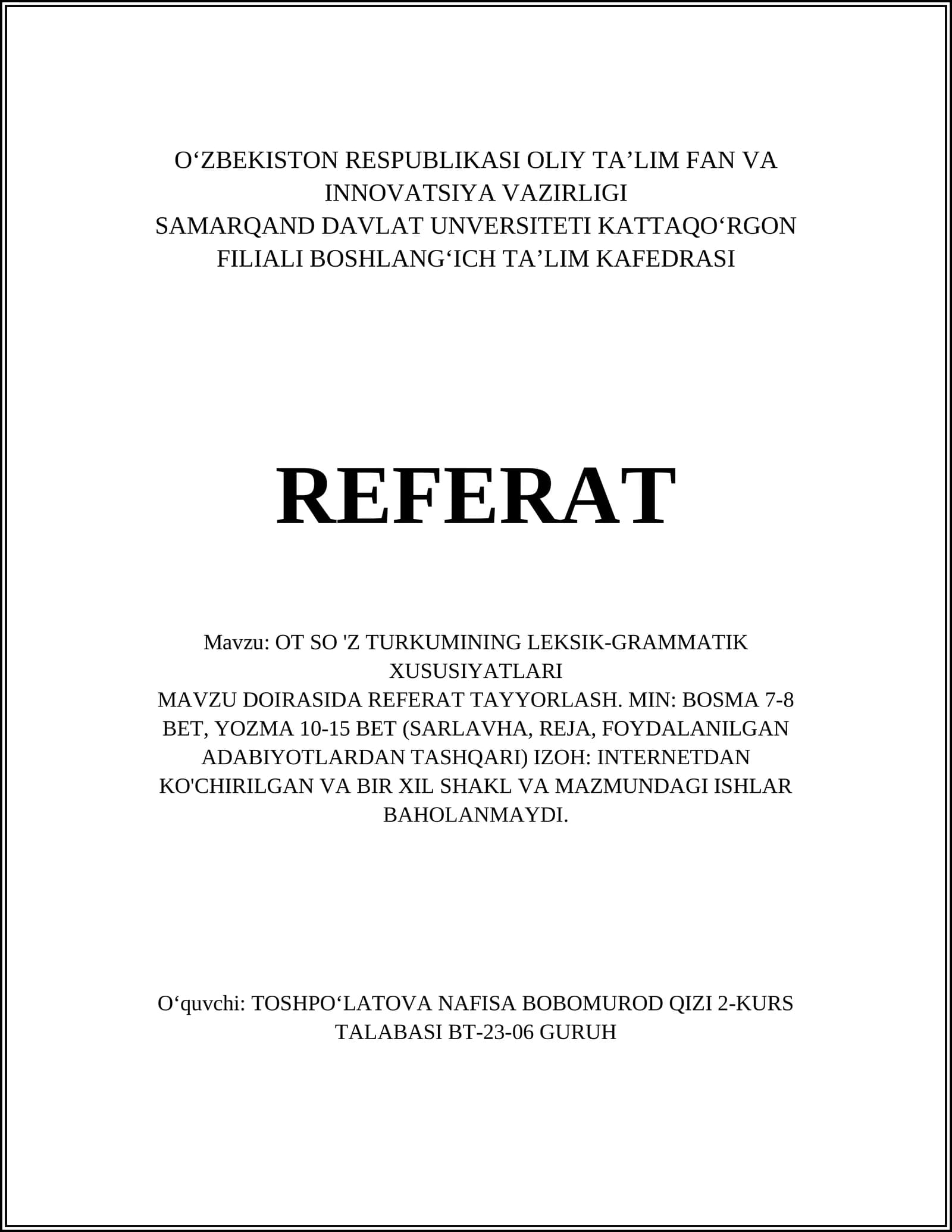 O'z Turku So'zlarning Leksik-grammatik Xususiyatlari