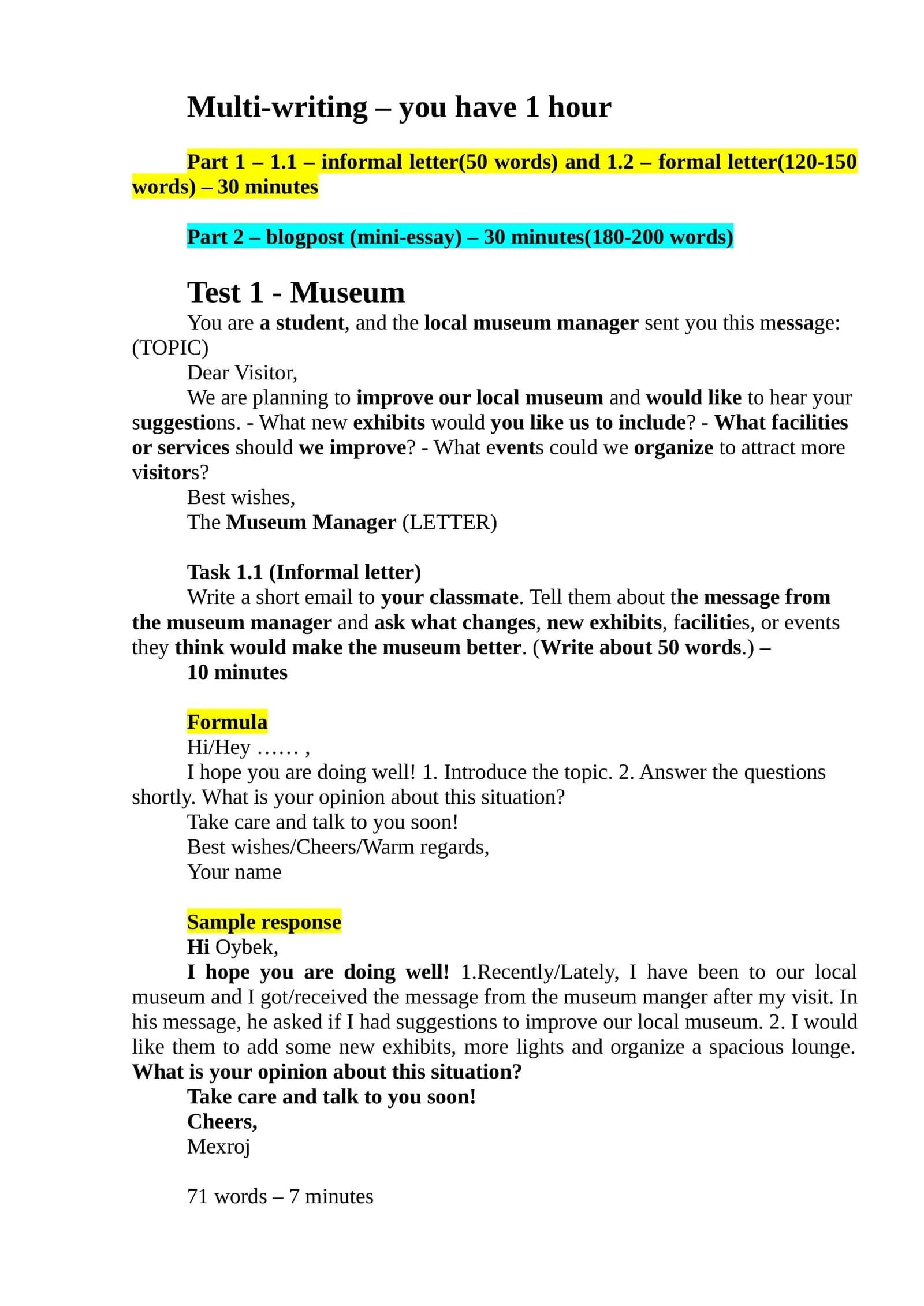 Test 1 - Museum writing namuna part 1.1 and 1.2