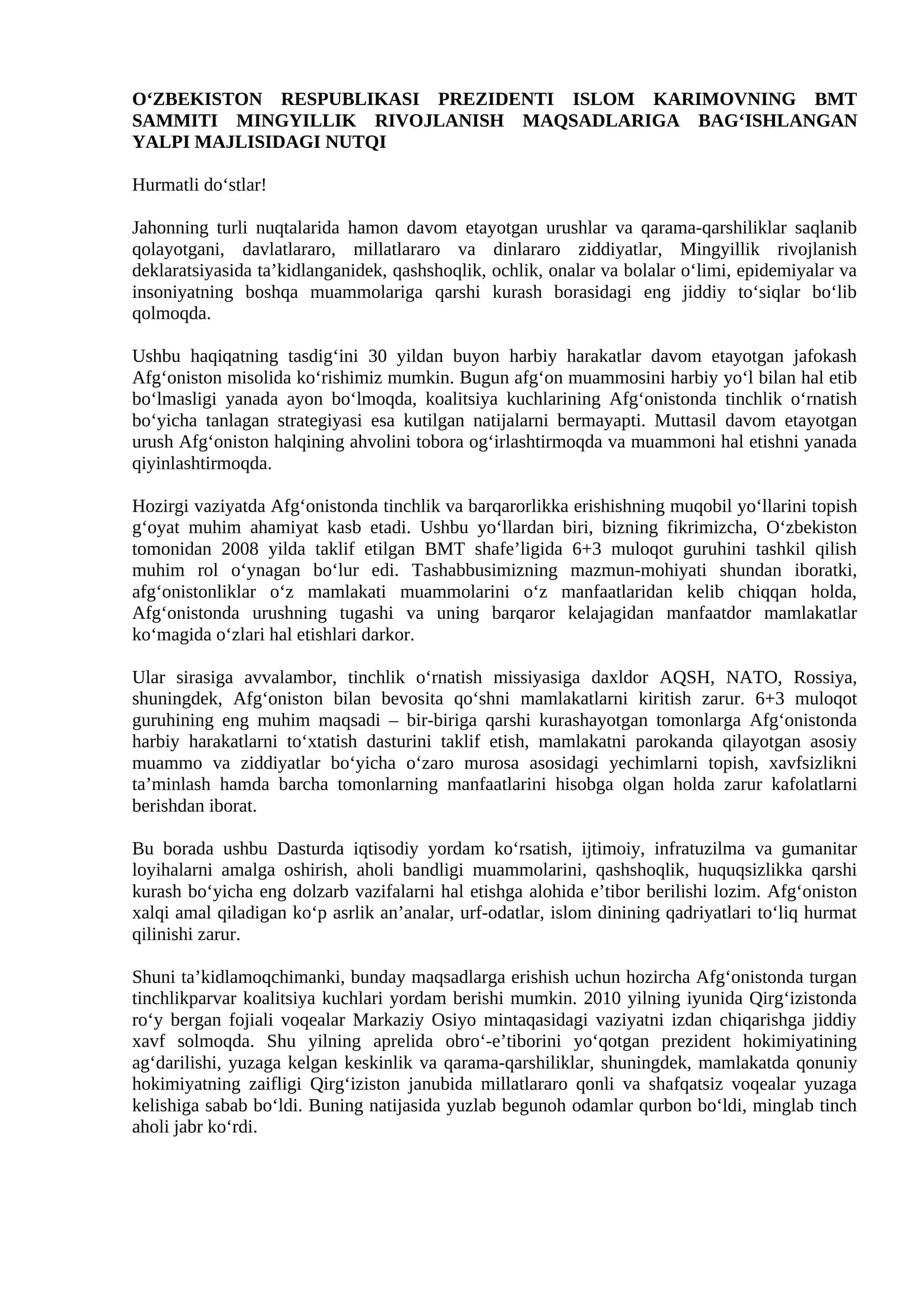 O‘ZBEKISTON RESPUBLIKASI PREZIDENTI ISLOM KARIMOVNING BMT SAMMITI MINGYILLIK RIVOJLANISH MAQSADLARIGA BAG‘ISHLANGAN YALPI MAJLISIDAGI NUTQI