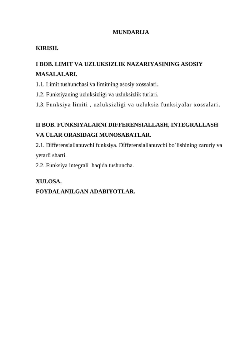 Limit funksiyasining uzluksizligi, uni differensiallash va integrallash