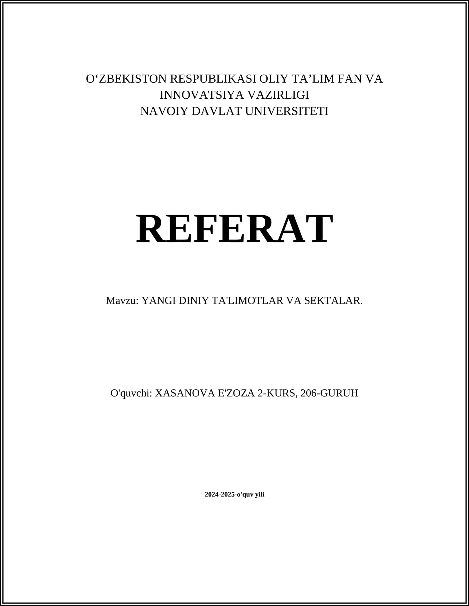 YANGI DINIY TA'LIMOTLAR VA SEKTALAR
