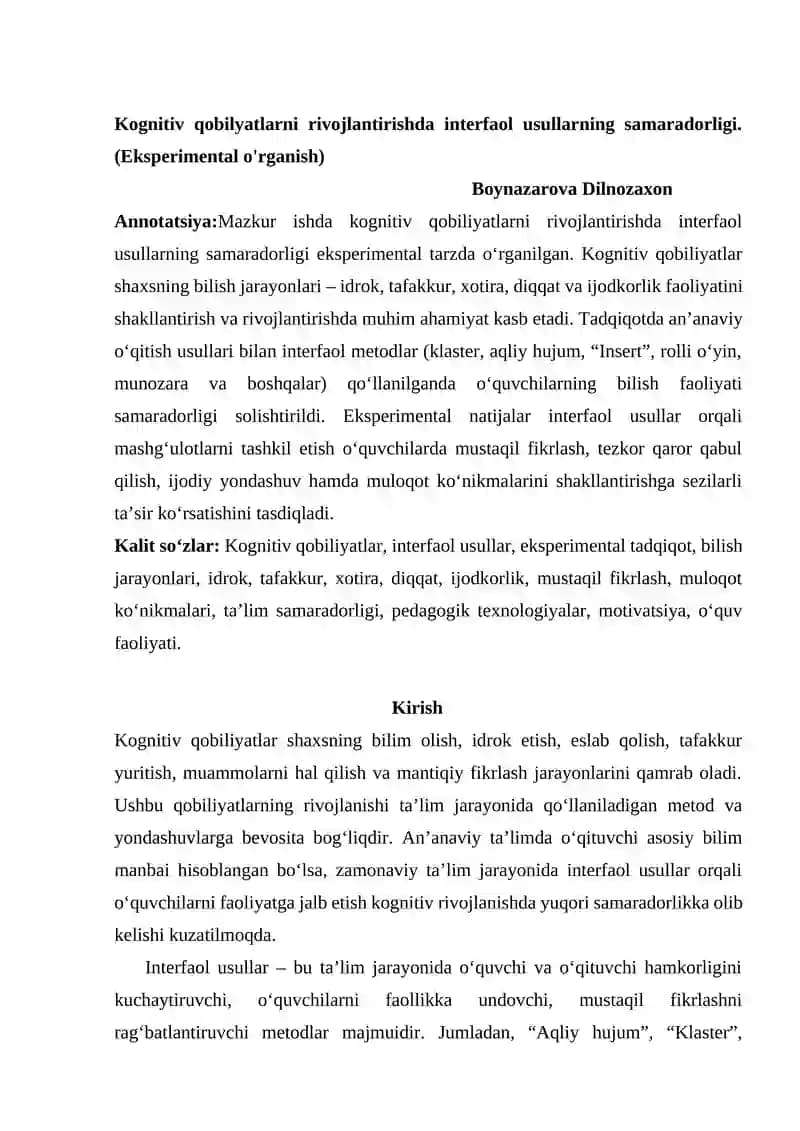 Kognitiv qobilyatlarni rivojlantirishda interfaol usullarning samaradorligi.(Eksperimental o'rganish)