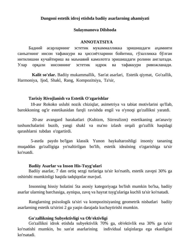 Dungoni estetik idroj etishda badiiy asarlarning ahamiyati