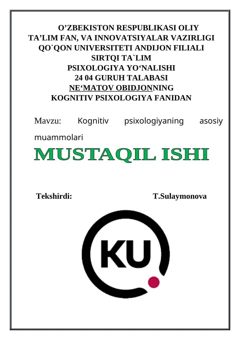 Kognitiv psixologiyadan mustaqil ish