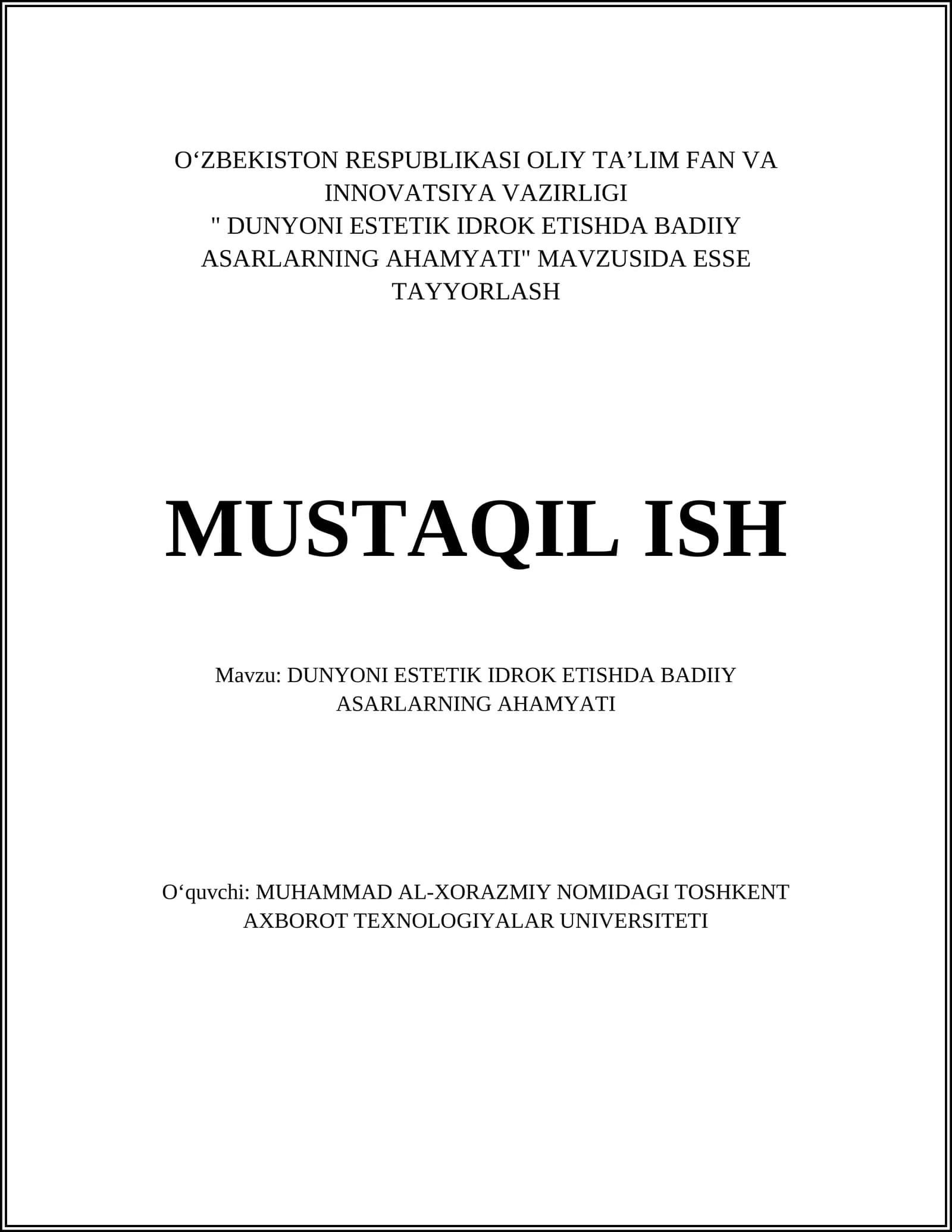 DUNYONI ESTETIK IDROK ETISHDA BADIIY ASARLARNING AHAMYATI
