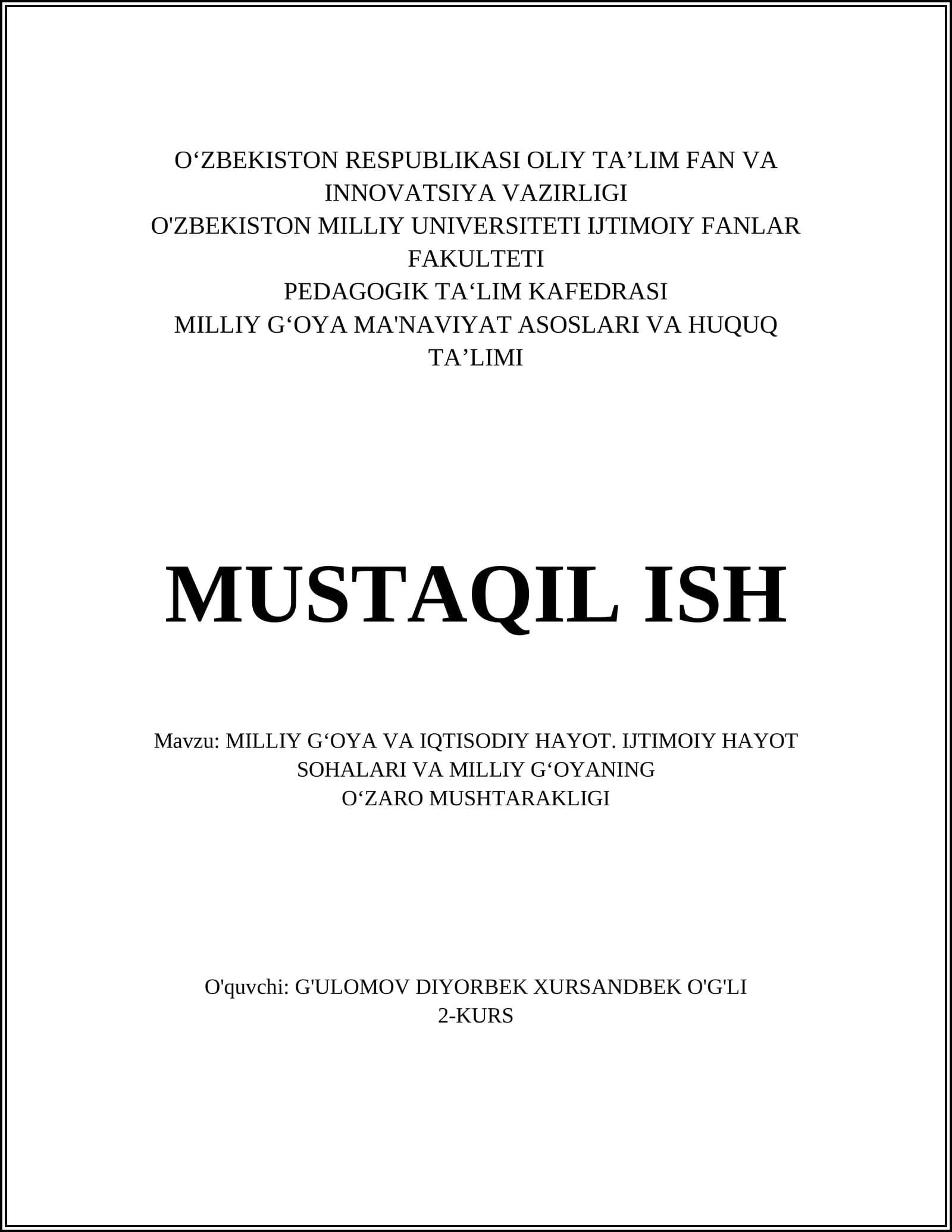 MILLIY G‘OYA VA IQTISODIY HAYOT