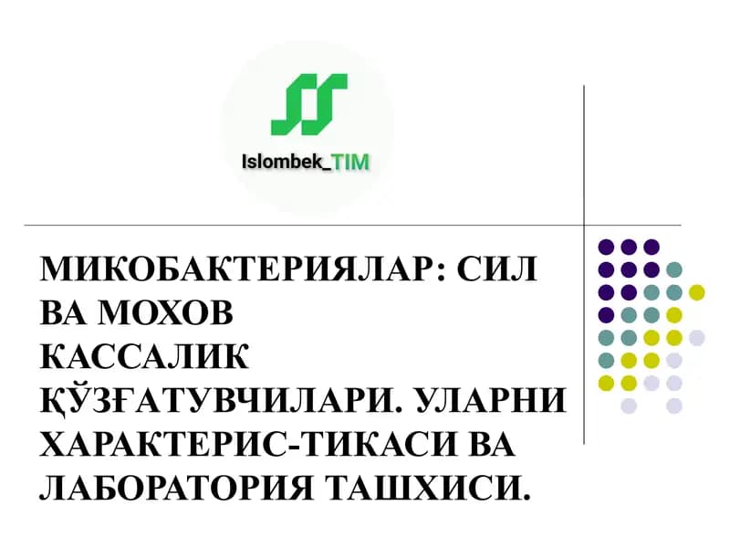 МИКОБАКТЕРИЯЛАР: СИЛ ВА МОХОВ КАССАЛИК ҚЎЗҒАТУВЧИЛАРИ. УЛАРНИ ХАРАКТЕРИС-ТИКАСИ ВА ЛАБОРАТОРИЯ...