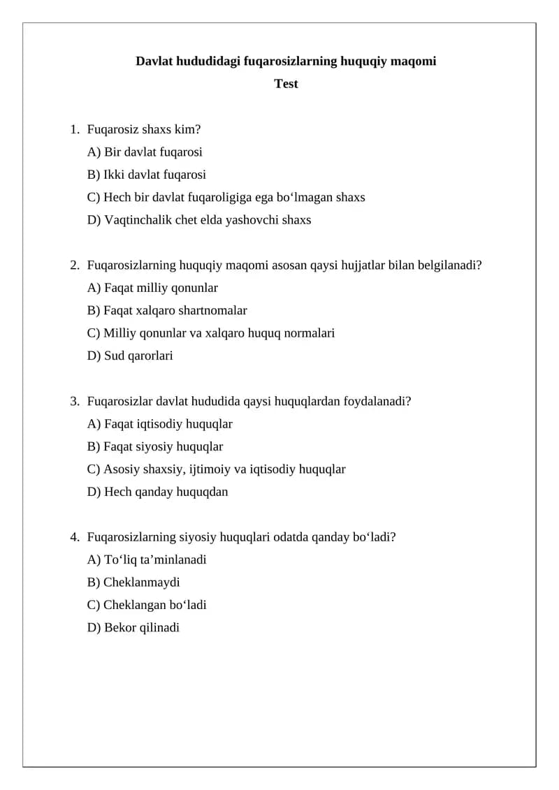 Davlat hududidagi fuqarosizlarning huquqiy maqomi