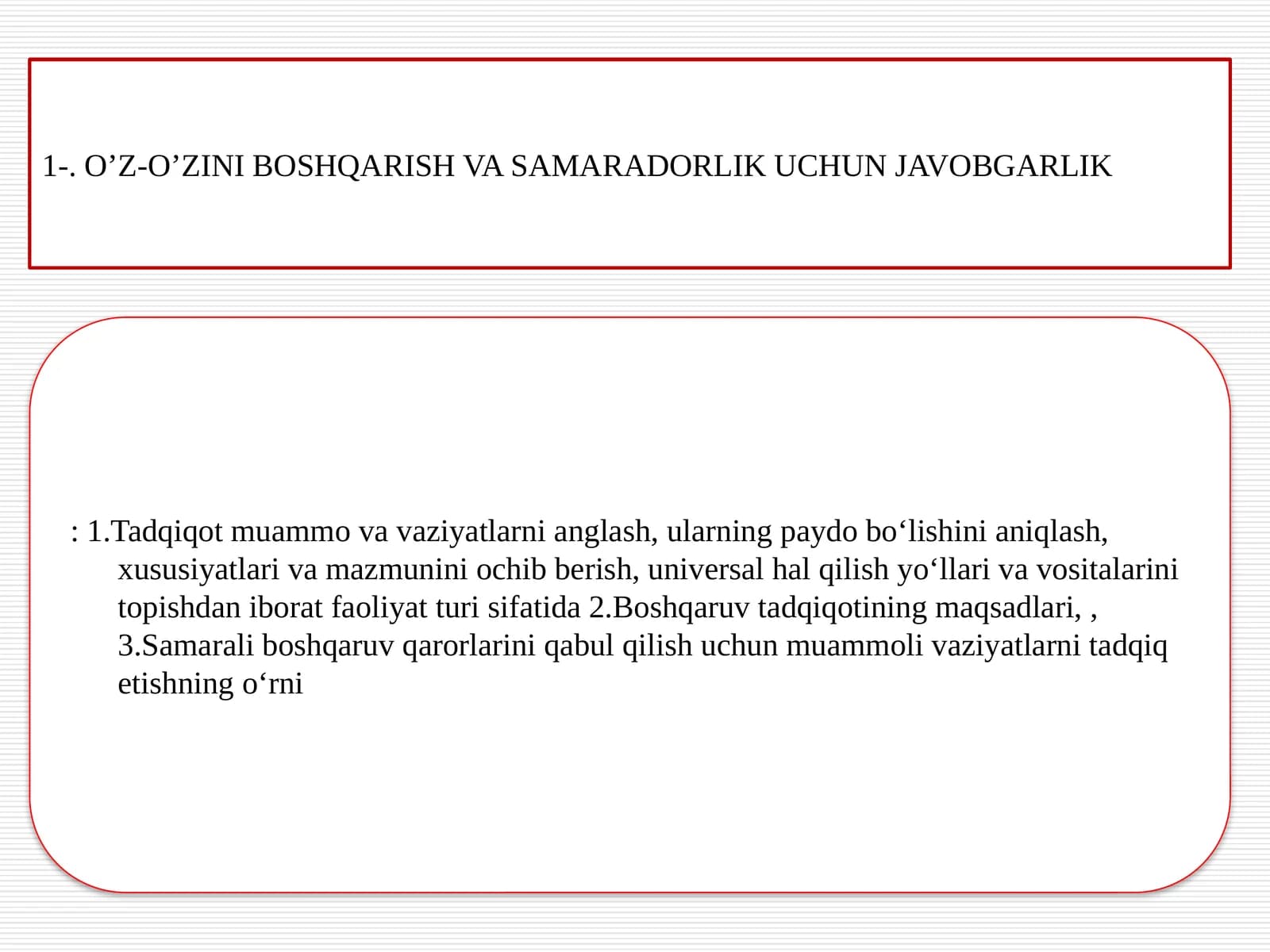 O’Z-O’ZINI BOSHQARISH VA SAMARADORLIK UCHUN JAVOBGARLIK