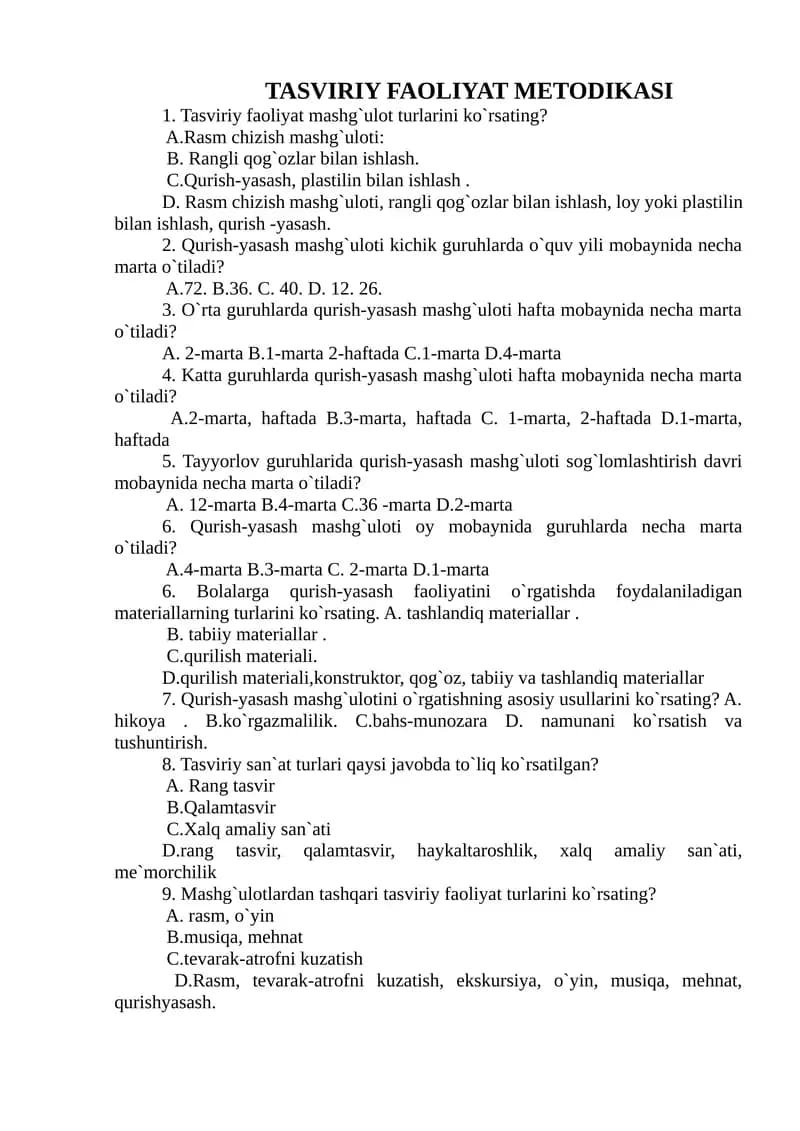 TASVIRIY FAOLIYAT METODIKASI