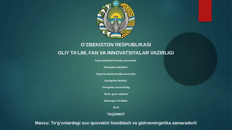 Toʻgʻonlardagi suv quvvatini hisoblash va gidroenergetika samaradorli