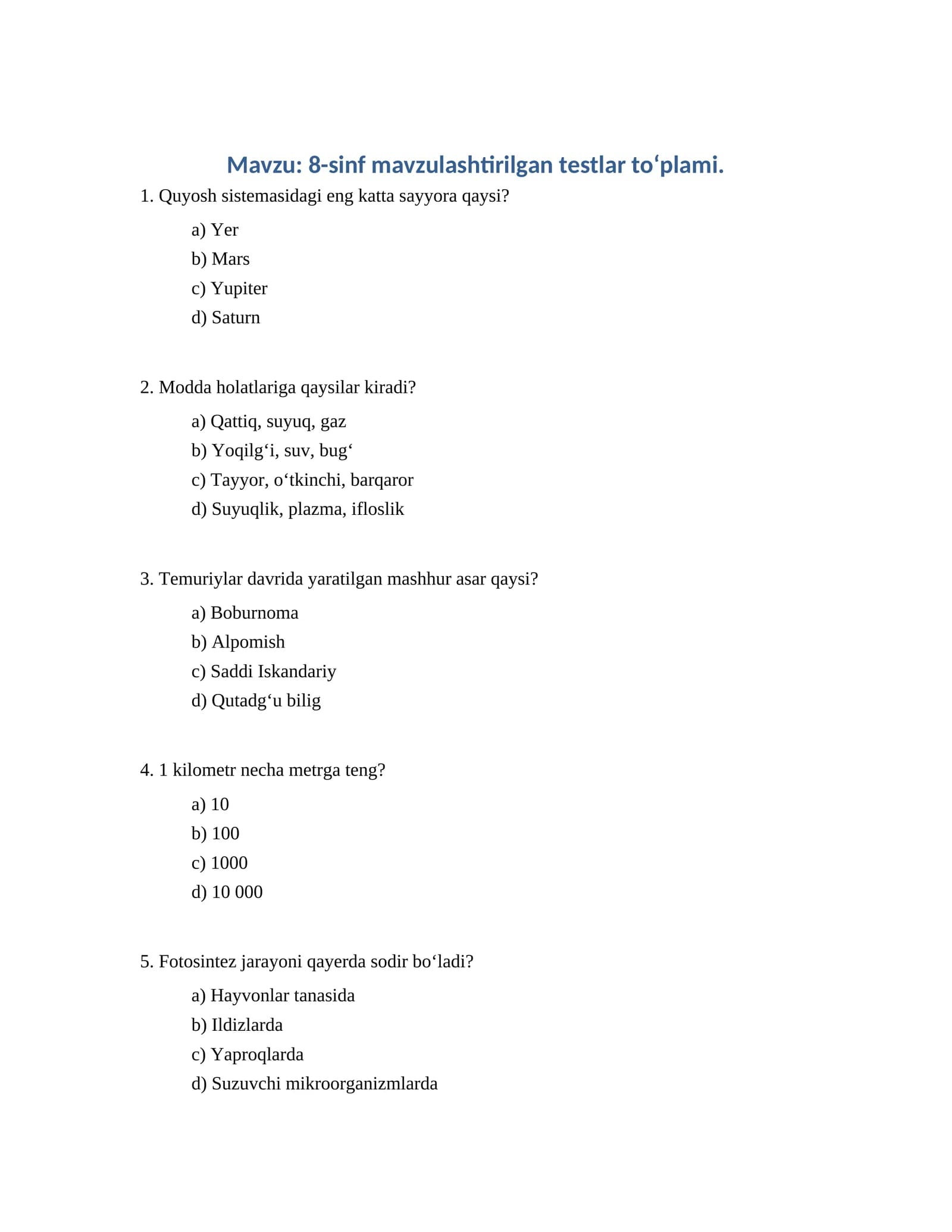 8-sinf mavzulashtirilgan testlar toʻplami