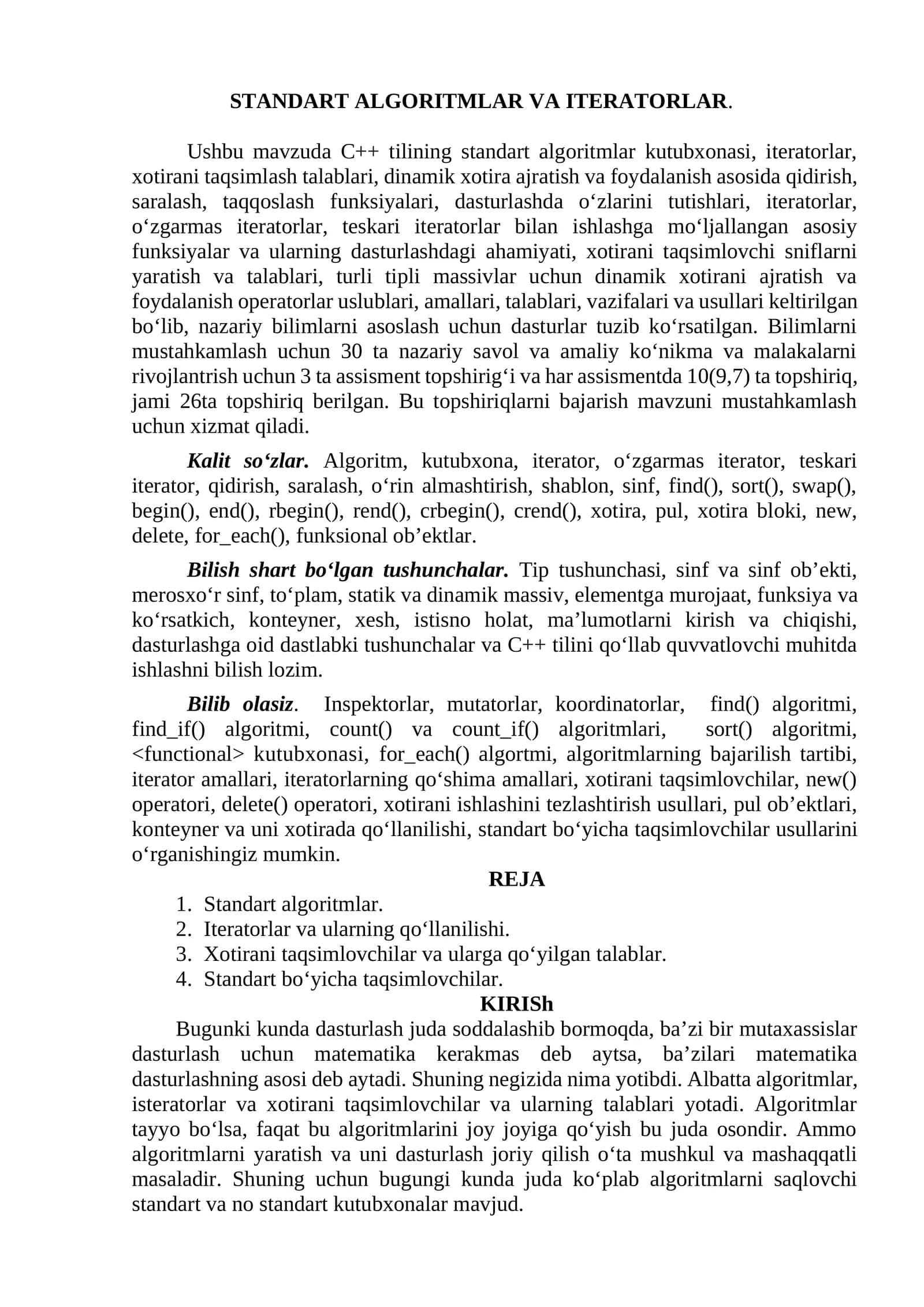 STANDART ALGORITMLAR VA ITERATORLAR