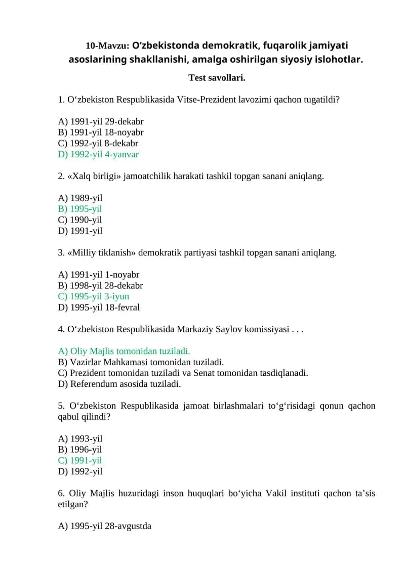 "O‘zbekistonda demokratik, fuqarolik jamiyati asoslarining shakllanishi" test savollari