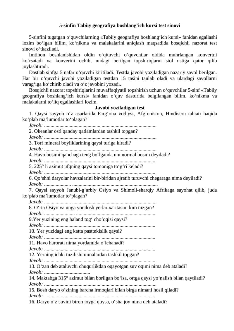 5-sinfi Tabiiy geografiya boshlang‘ich kursi test sinovi