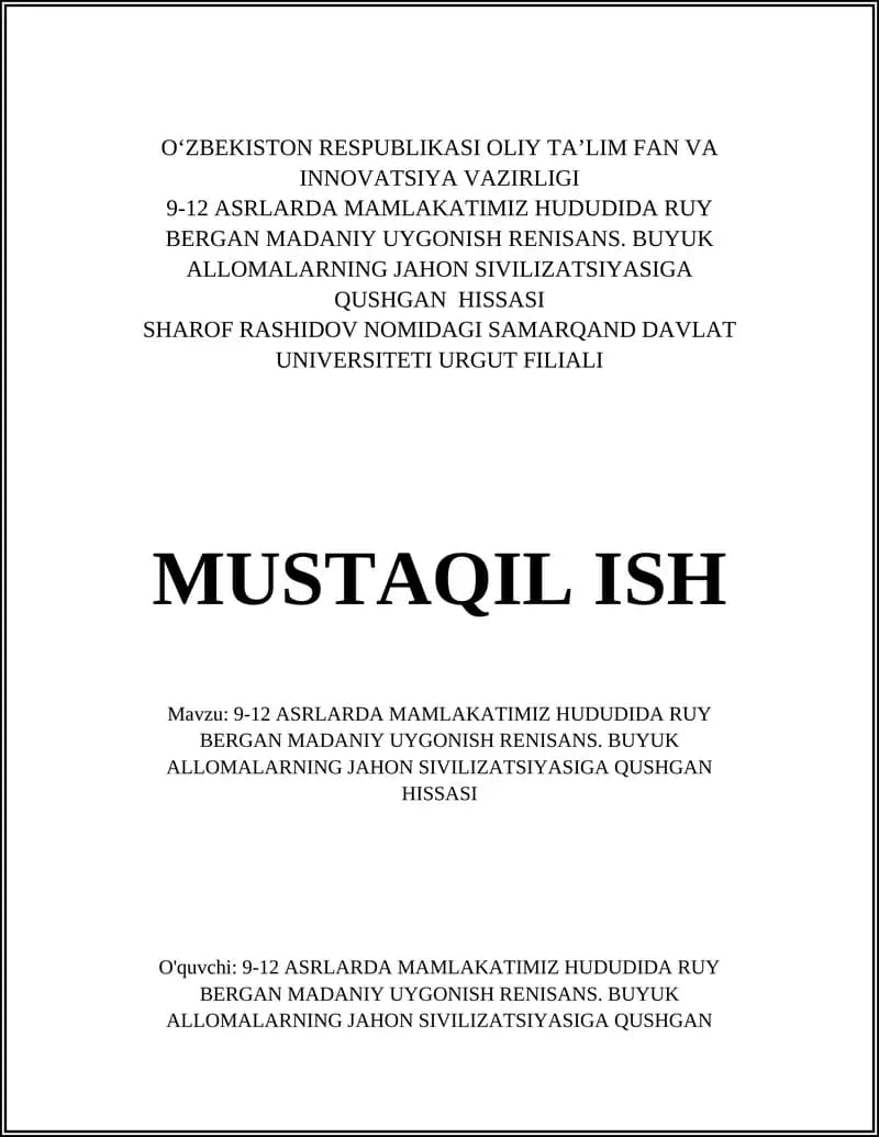 9-12 ASRLARDA MAMLAKATIMIZ HUDUDIDA RUY BERGAN MADANIY UYGONISH RENISANS