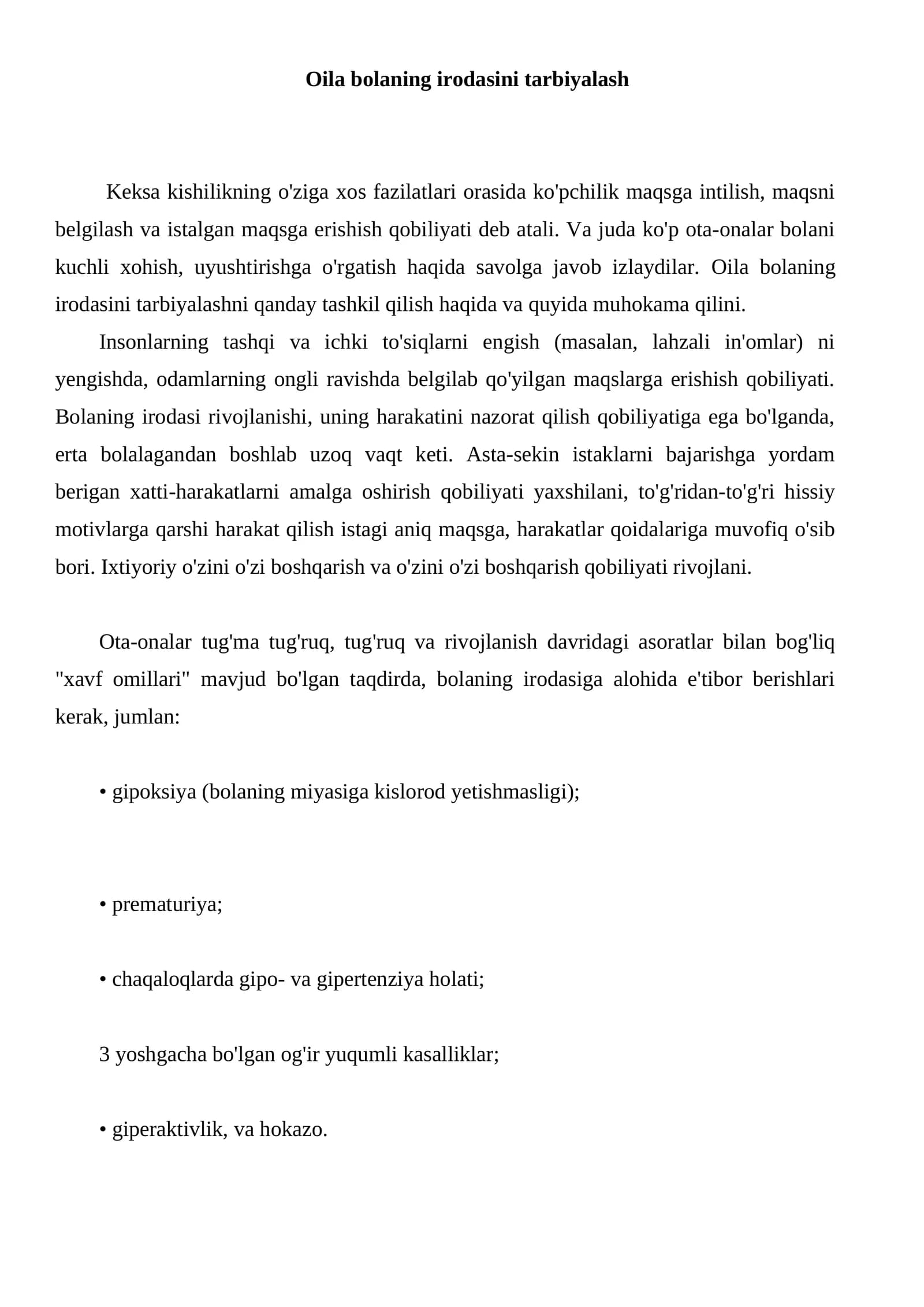 Oila bolaning irodasini tarbiyalash