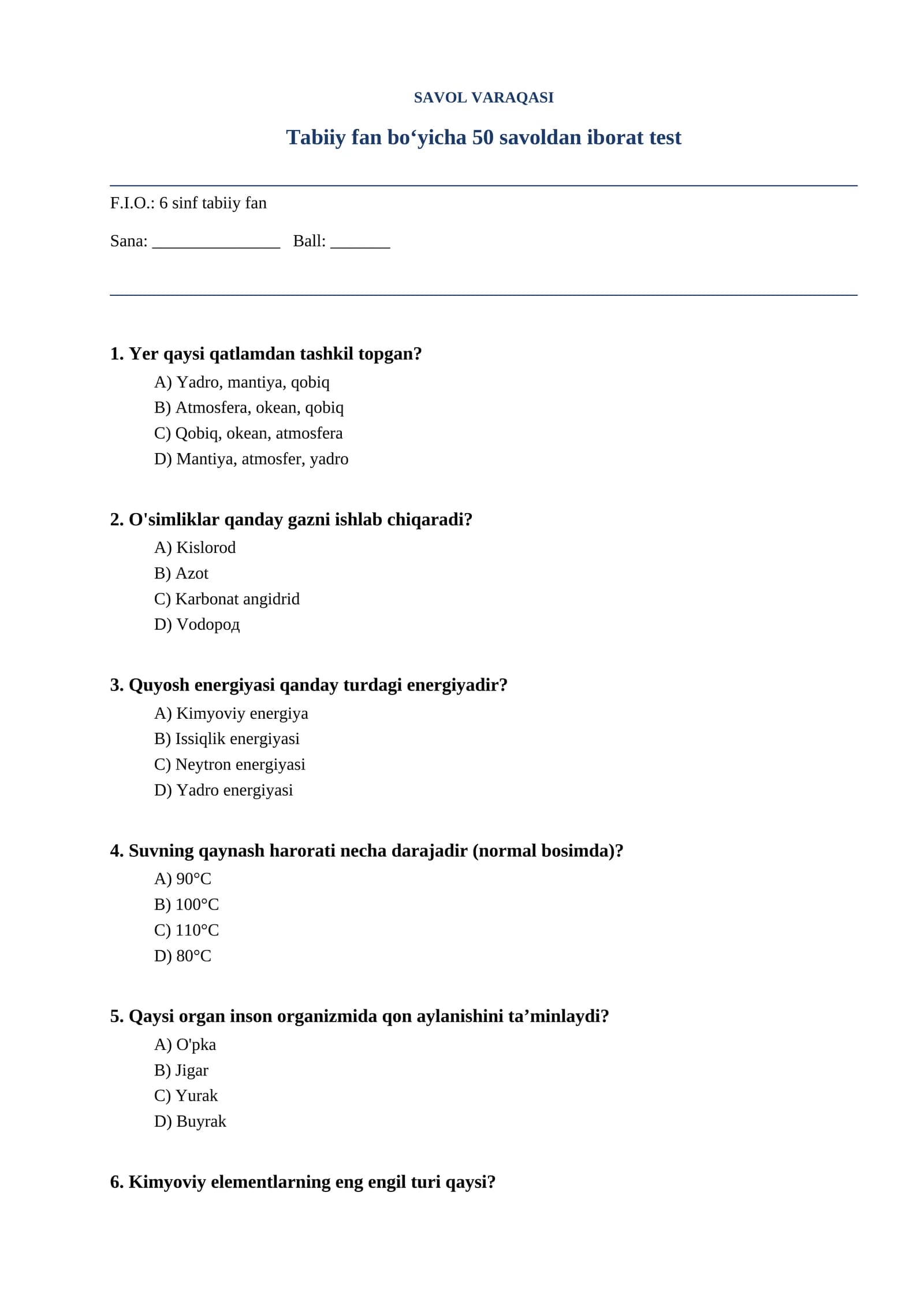 Tabiiy fan bo‘yicha 50 savoldan iborat test