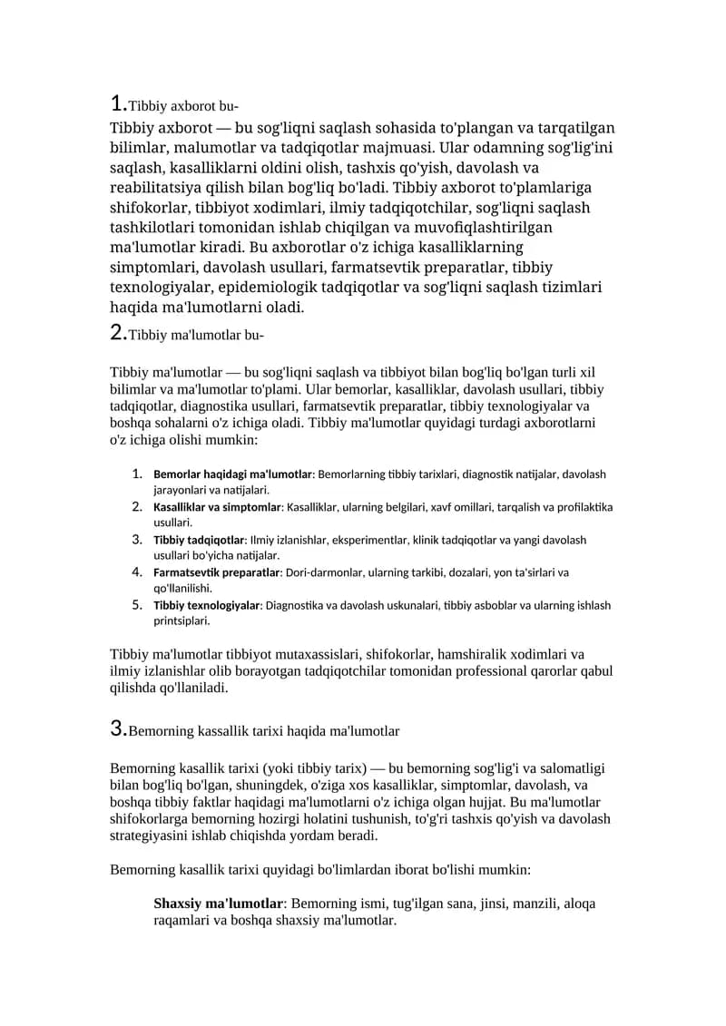 Meditsina informatikasiga oid 150 savol javoblari bilan