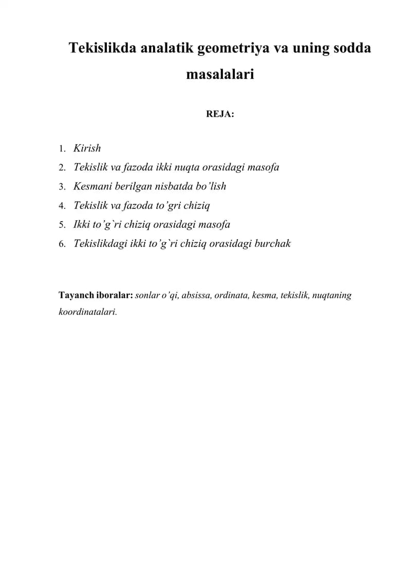 Tekislikda analatik geometriya va uning sodda masalalari