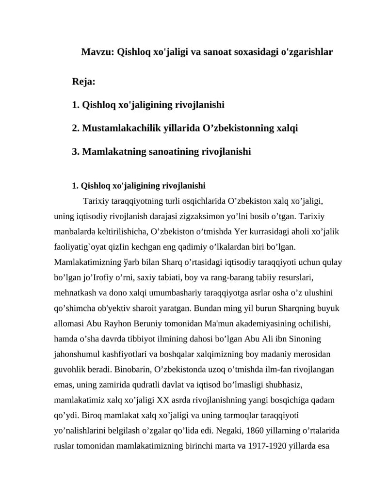 Qishloq xo'jaligi va sanoat soxasidagi o'zgarishlar