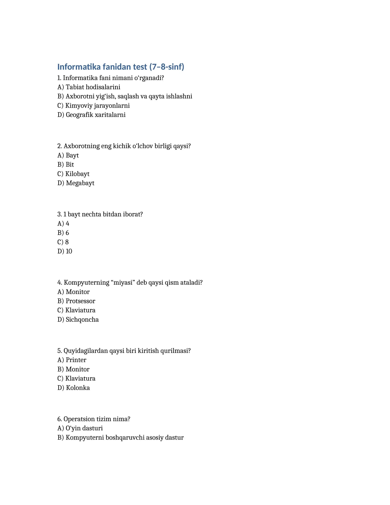 Informatika fanidan test (7–8-sinf)