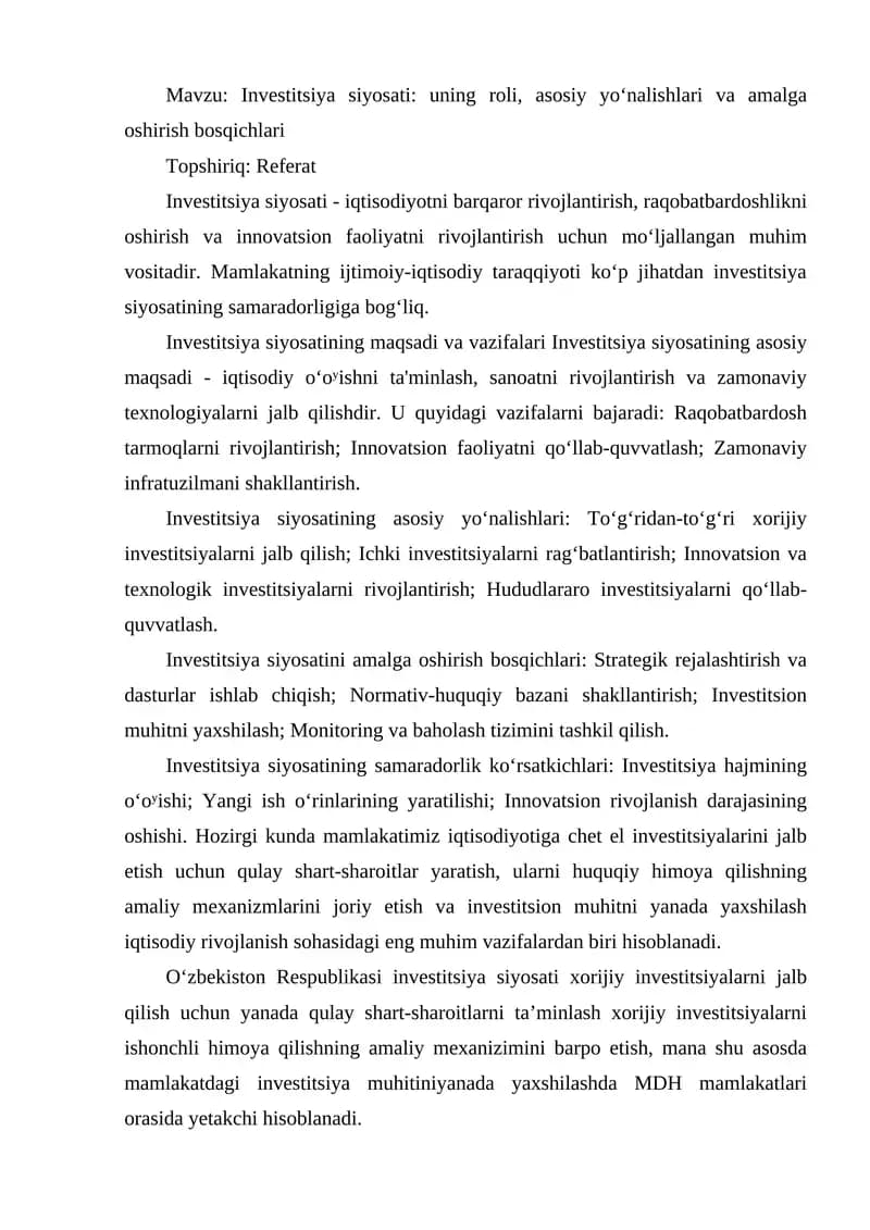 Investitsiya siyosati: uning roli, asosiy yoʻnalishlari va amalga oshirish bosqichlari