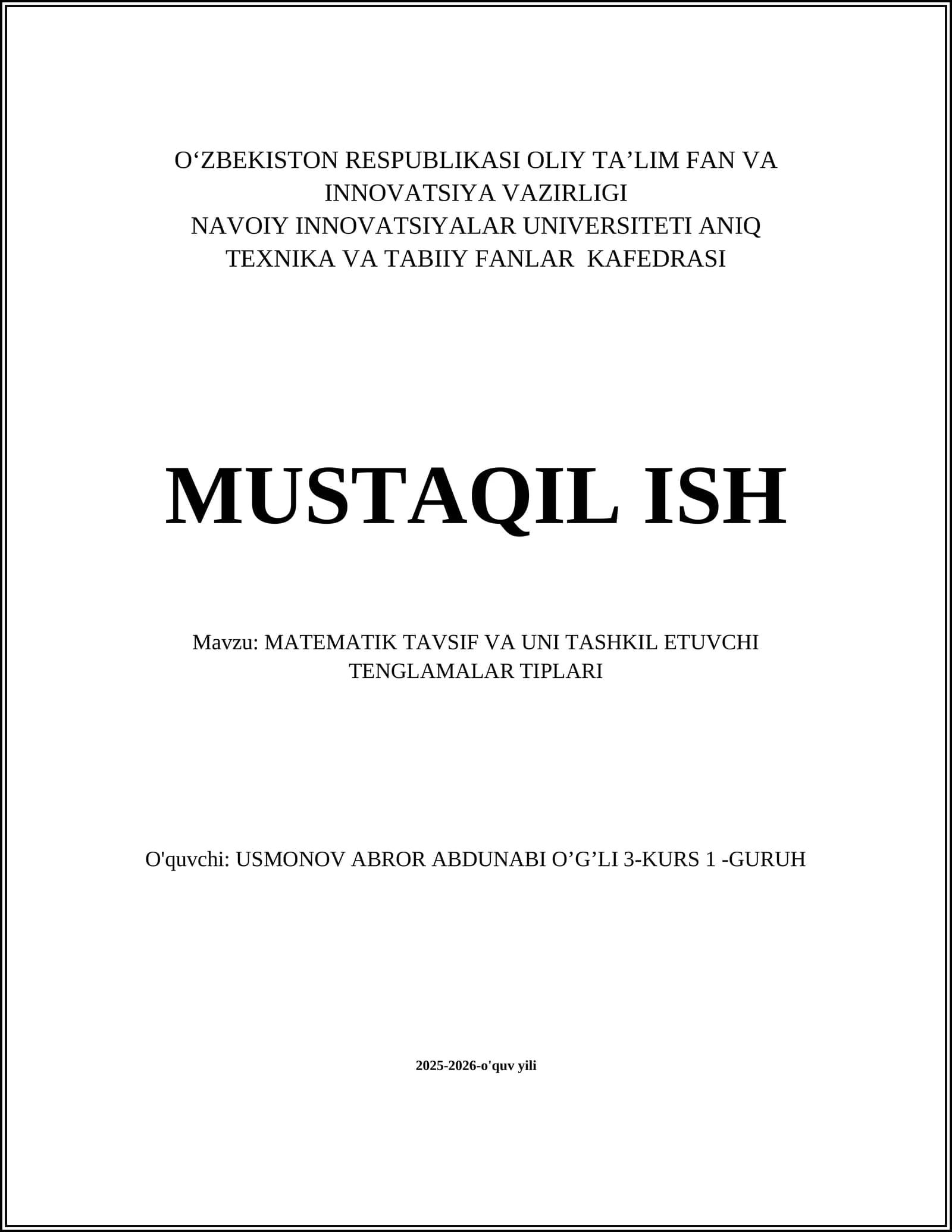 MATEMATIK TAVSIF VA UNI TASHKIL ETUVCHI TENGLAMALAR TIPLARI