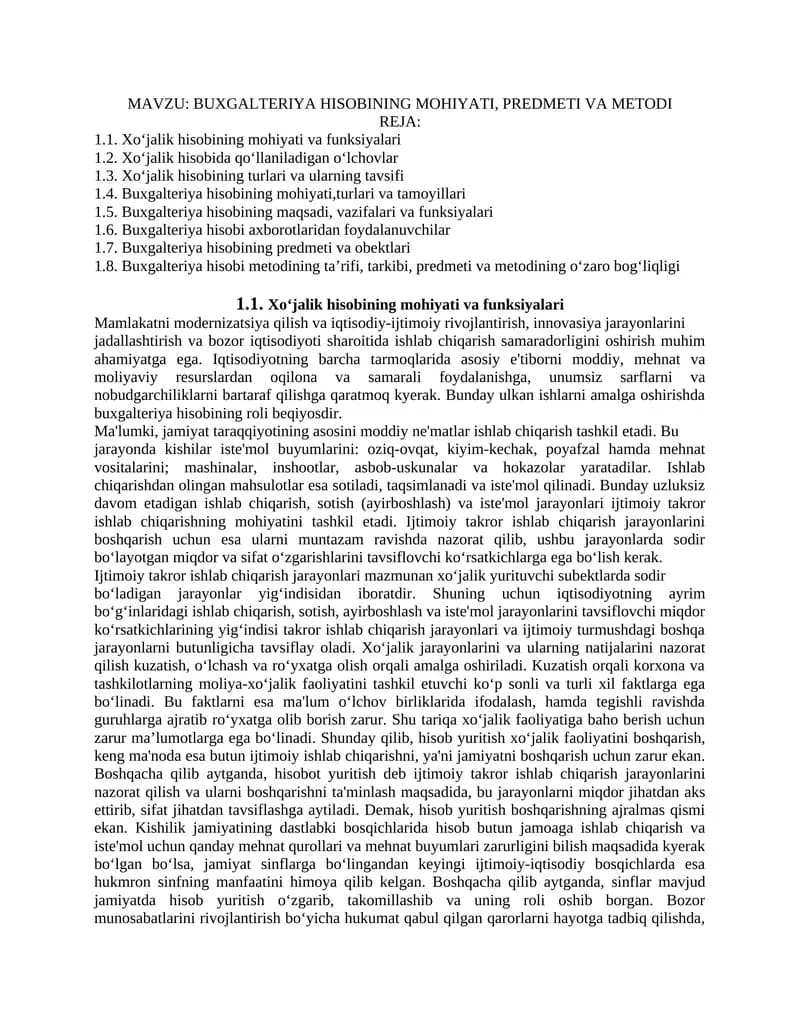 BUXGALTERIYA HISOBINING MOHIYATI, PREDMETI VA METODI