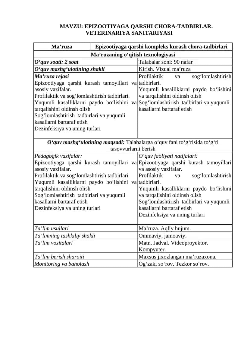 EPIZOOTIYAGA QARSHI CHORA-TADBIRLAR. VETERINARIYA SANITARIYASI