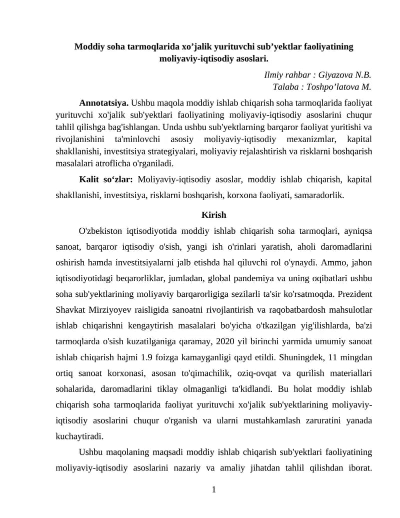 Moddiy soha tarmoqlarida xoʼjalik yurituvchi subʼyektlar faoliyatining moliyaviy-iqtisodiy asoslari