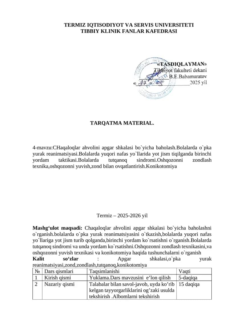 TIBBIY KLINIK FANLAR KAFEDRASI TARQATMA MATERIAL