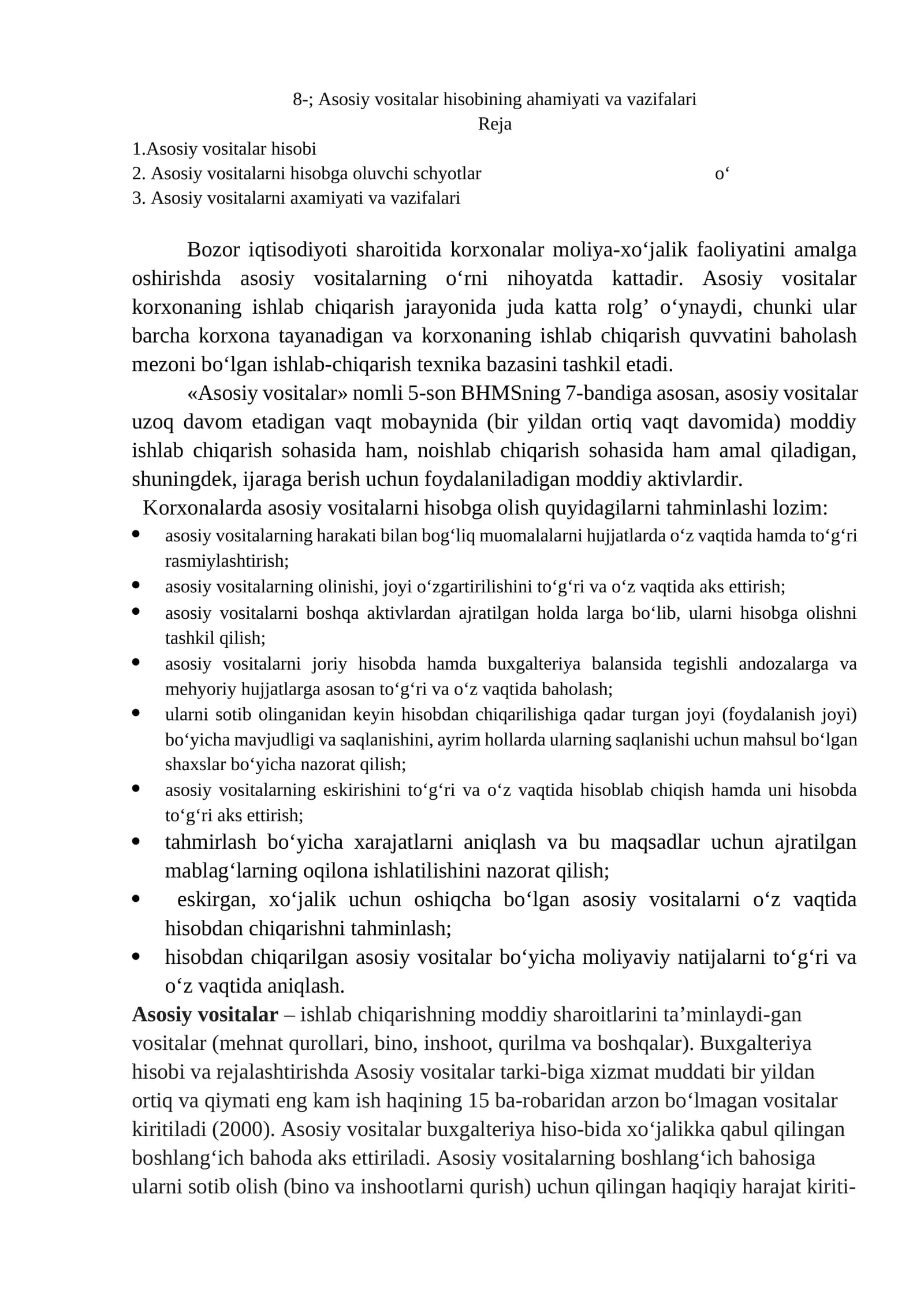 Asosiy vositalar hisobining ahamiyati va vazifalari