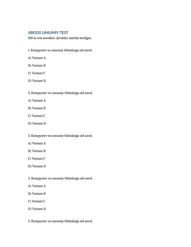 ARGOS Umumiy Testlar – 100 ta Savol (Javoblari bilan)