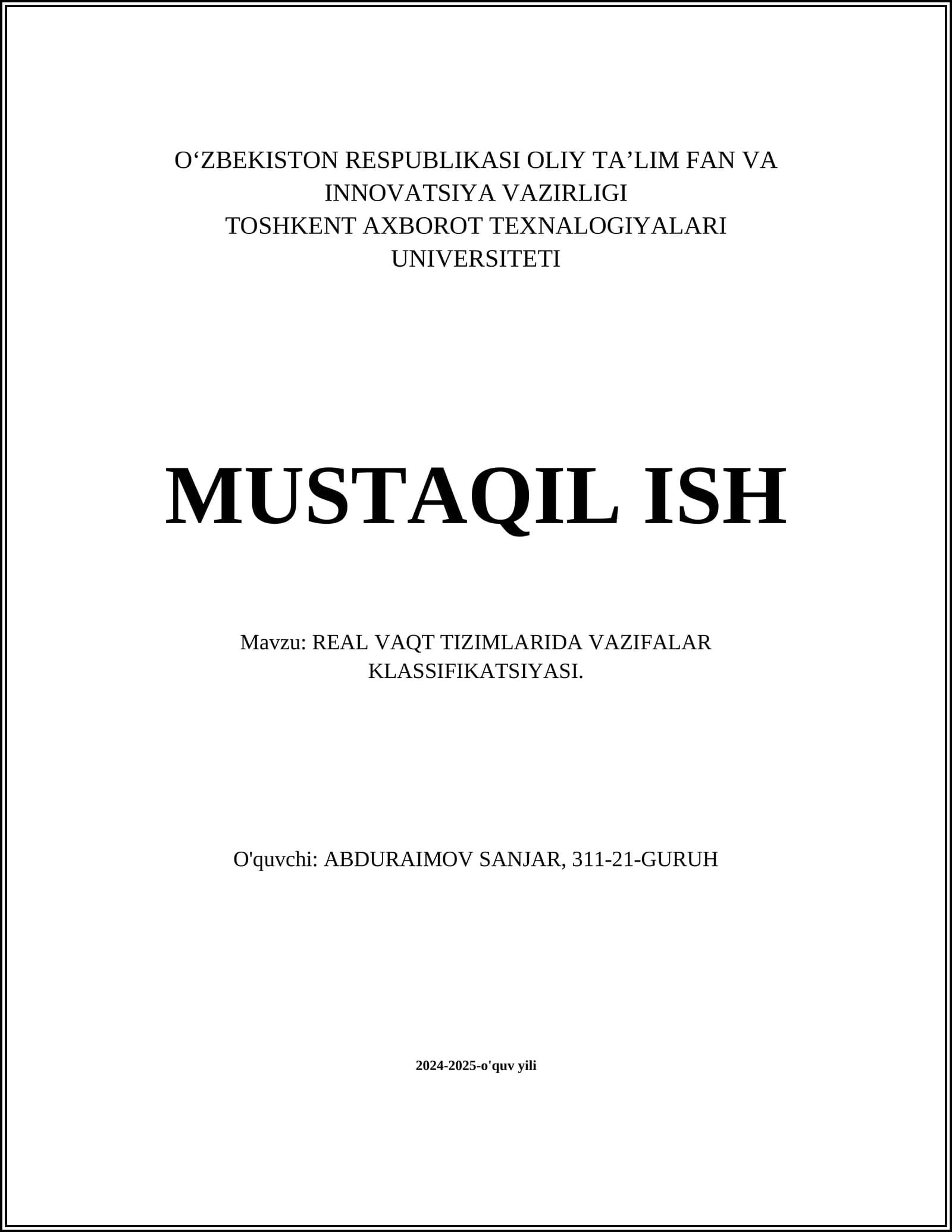 REAL VAQT TIZIMLARIDA VAZIFALAR KLASSIFIKATSIYASI
