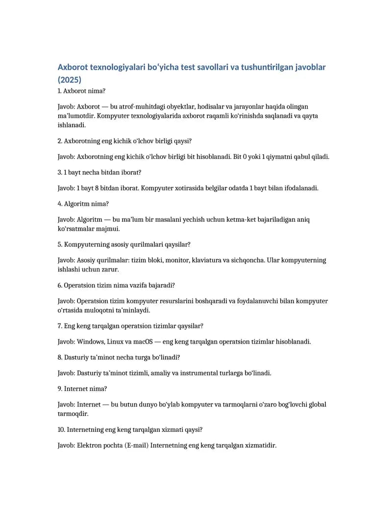 Axborot texnologiyalari bo‘yicha test savollari va tushuntirilgan javoblar (2025)