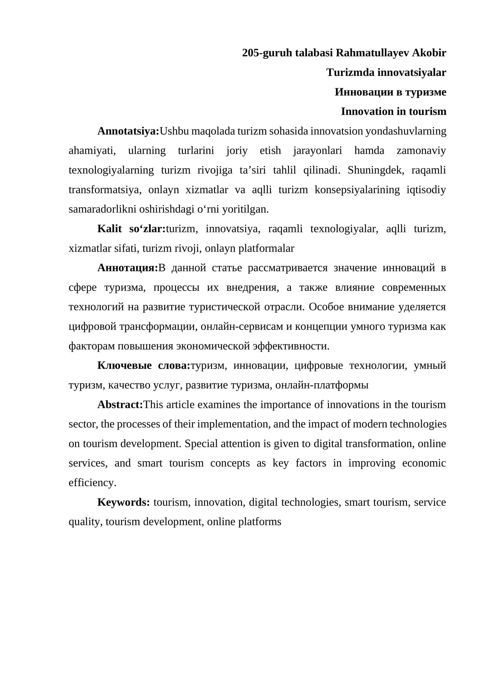 Turizmda innovatsiyalar