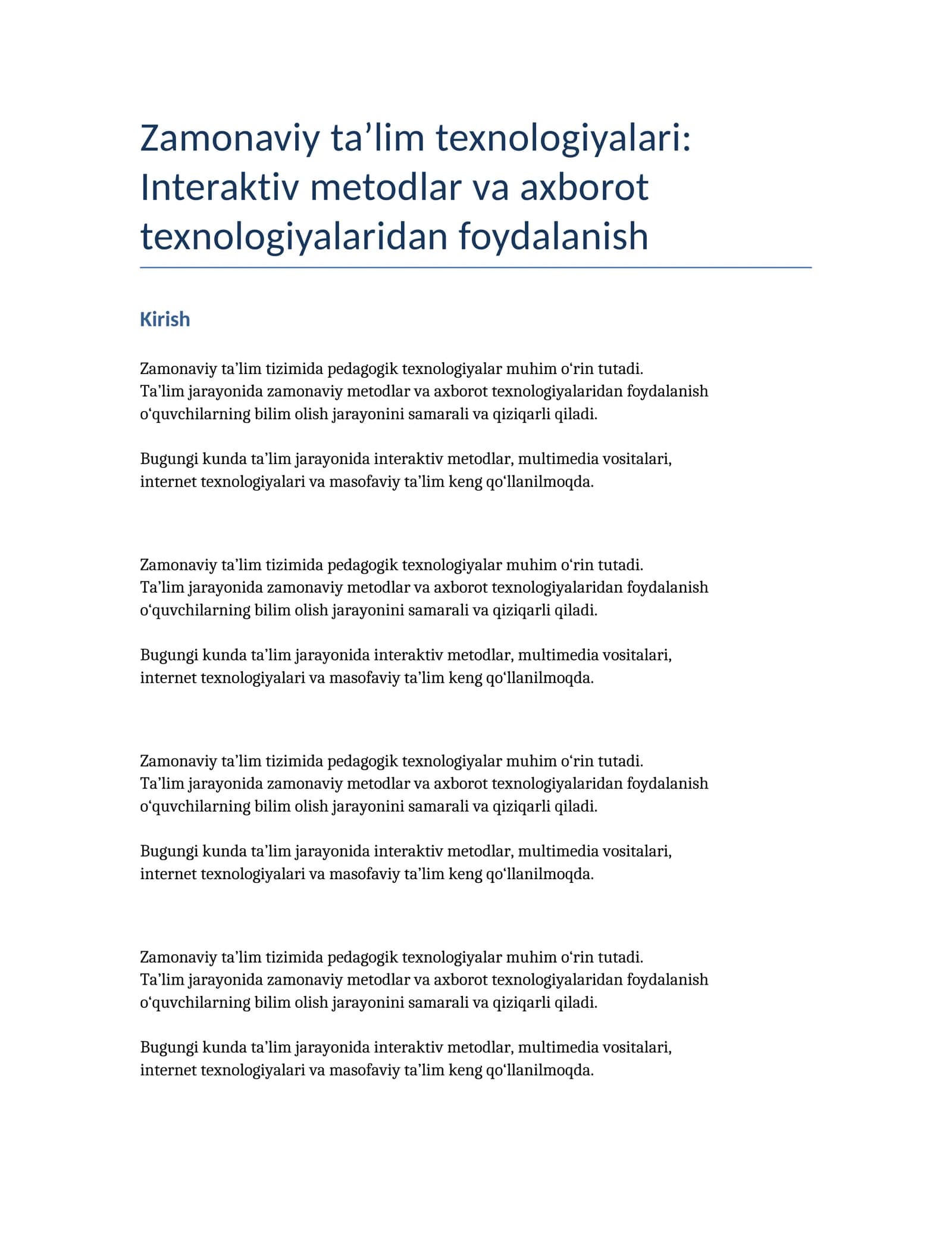 Zamonaviy ta’lim texnologiyalari: Interaktiv metodlar va axborot texnologiyalaridan foydalanish