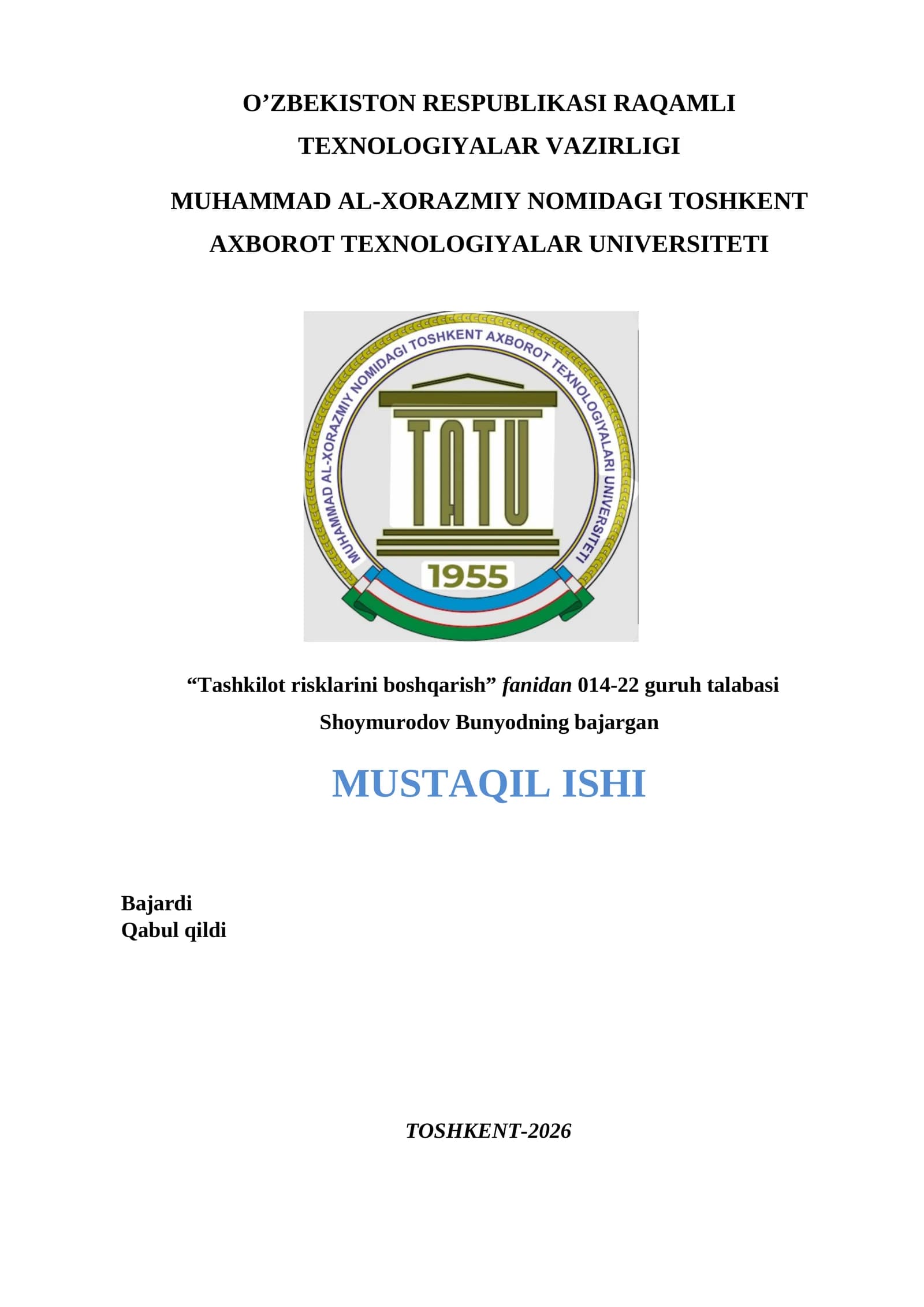 Ihtiyoriy 1 o’z brendiga ega bo’lgan tashkilot olib uni tahlil qilib yuzaga kelishi mumkun bo’lgan risklarni baholash hamda solishtirma tahlil qilib yozib tushuntirib bering