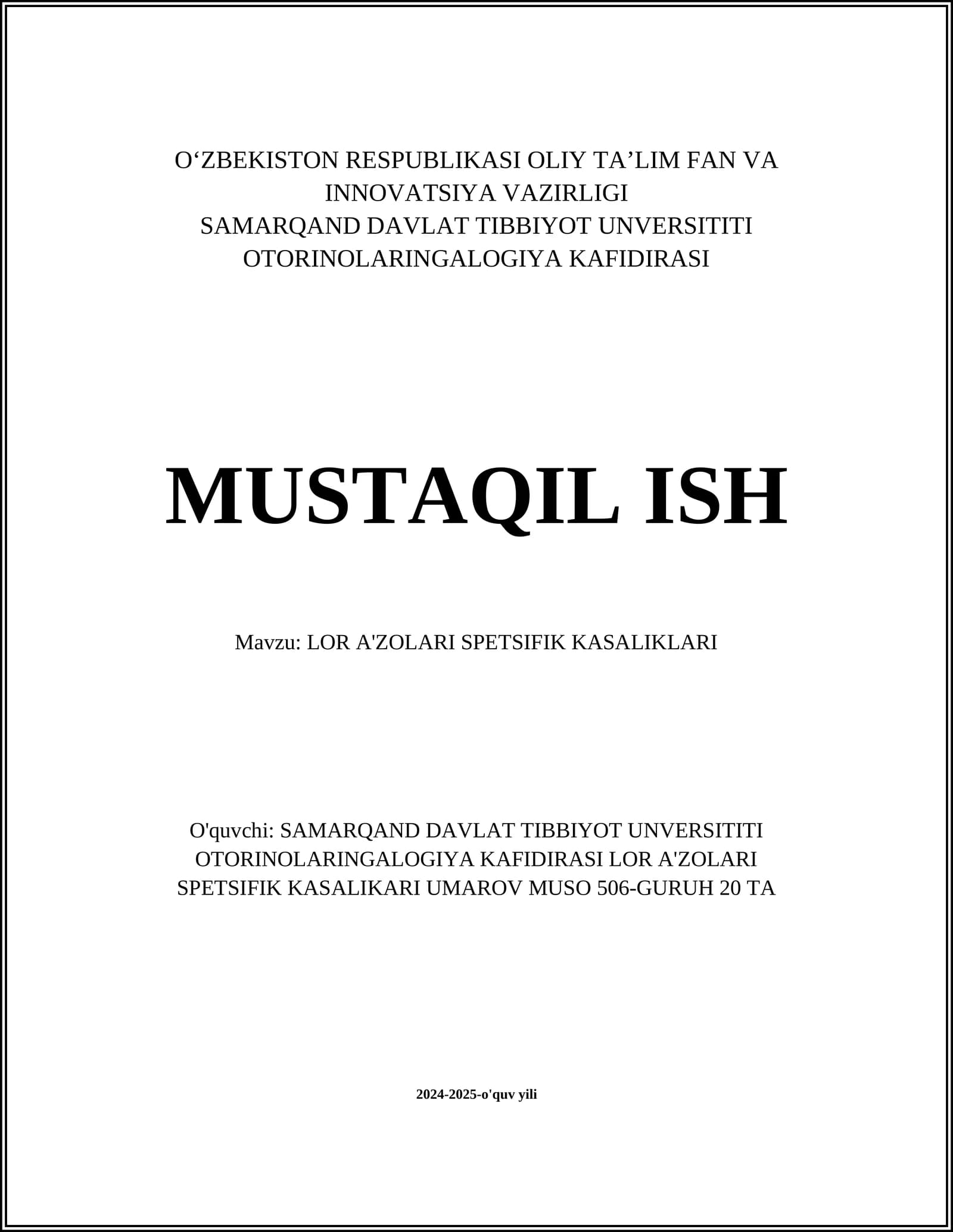 LOR A'ZOLARI SPETSIFIK KASALIKLARI
